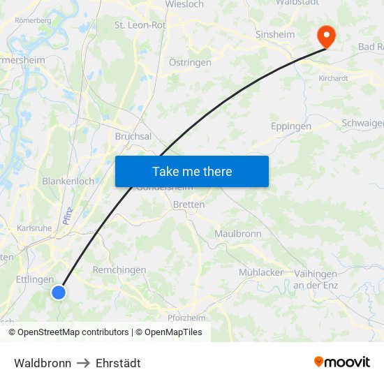 Waldbronn to Ehrstädt map