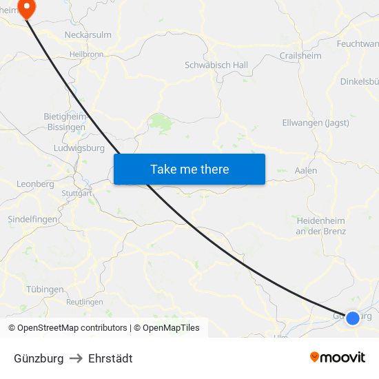 Günzburg to Ehrstädt map
