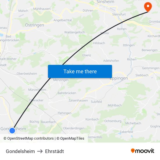 Gondelsheim to Ehrstädt map