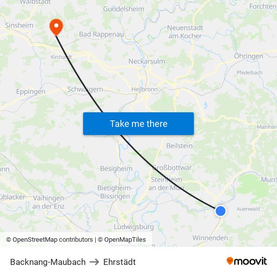 Backnang-Maubach to Ehrstädt map