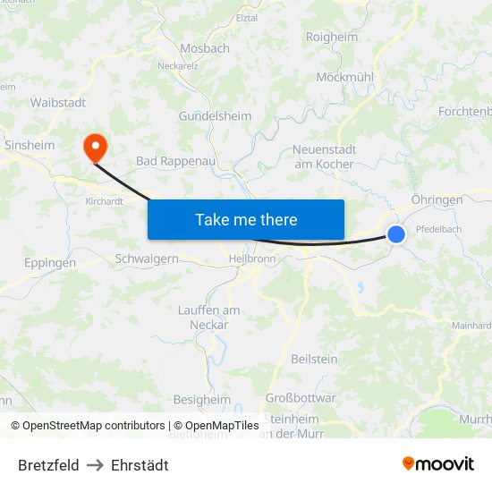 Bretzfeld to Ehrstädt map