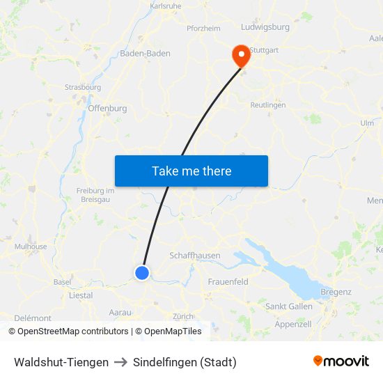 Waldshut-Tiengen to Sindelfingen (Stadt) map