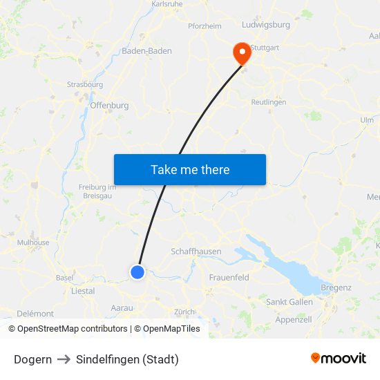 Dogern to Sindelfingen (Stadt) map