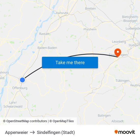 Appenweier to Sindelfingen (Stadt) map