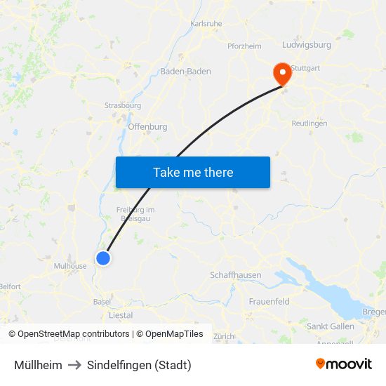 Müllheim to Sindelfingen (Stadt) map