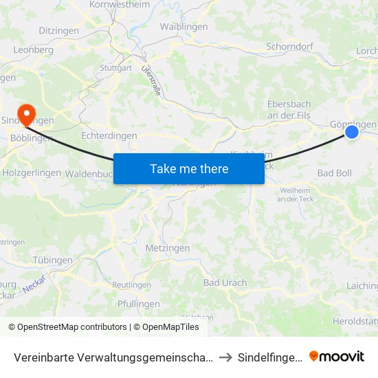 Vereinbarte Verwaltungsgemeinschaft Der Stadt Göppingen to Sindelfingen (Stadt) map