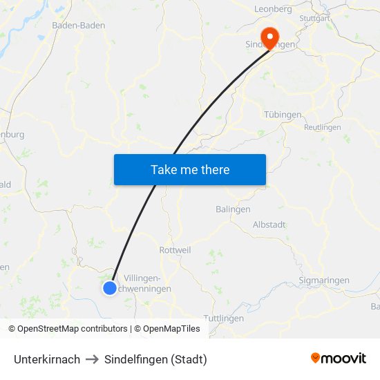 Unterkirnach to Sindelfingen (Stadt) map