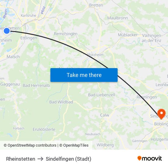 Rheinstetten to Sindelfingen (Stadt) map