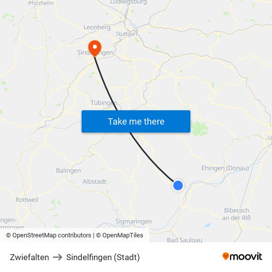 Zwiefalten to Sindelfingen (Stadt) map