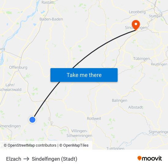 Elzach to Sindelfingen (Stadt) map