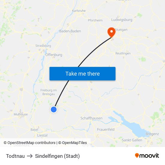 Todtnau to Sindelfingen (Stadt) map