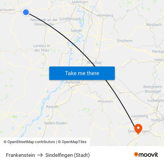 Frankenstein to Sindelfingen (Stadt) map