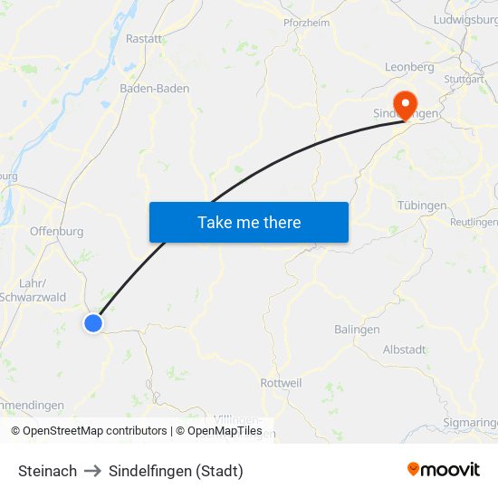 Steinach to Sindelfingen (Stadt) map