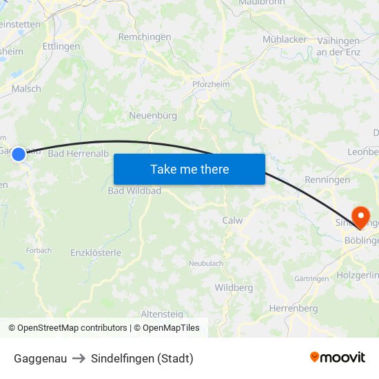 Gaggenau to Sindelfingen (Stadt) map