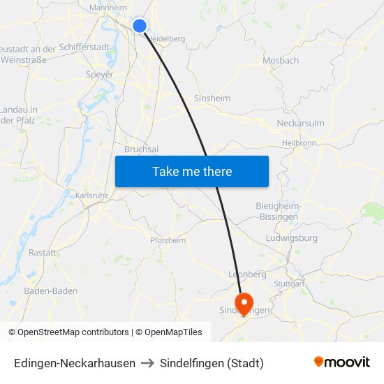 Edingen-Neckarhausen to Sindelfingen (Stadt) map