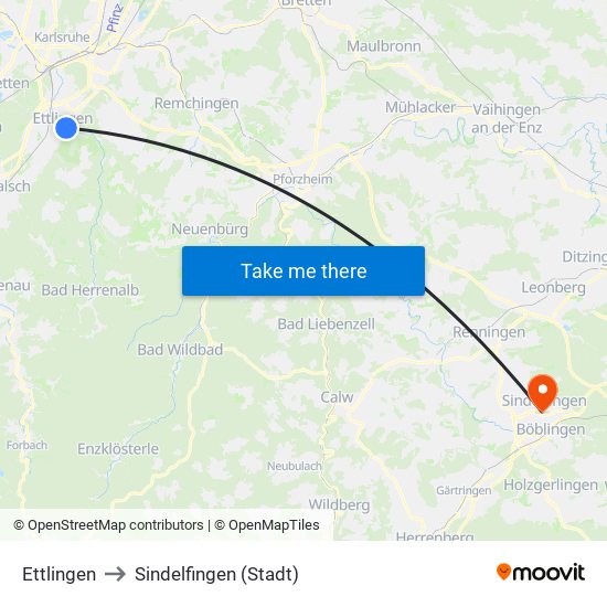 Ettlingen to Sindelfingen (Stadt) map