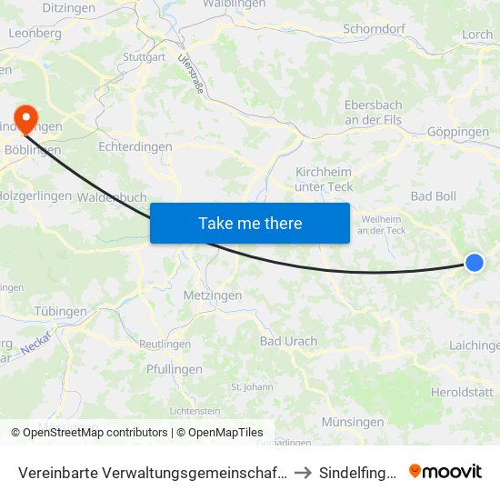 Vereinbarte Verwaltungsgemeinschaft Der Gemeinde Deggingen to Sindelfingen (Stadt) map