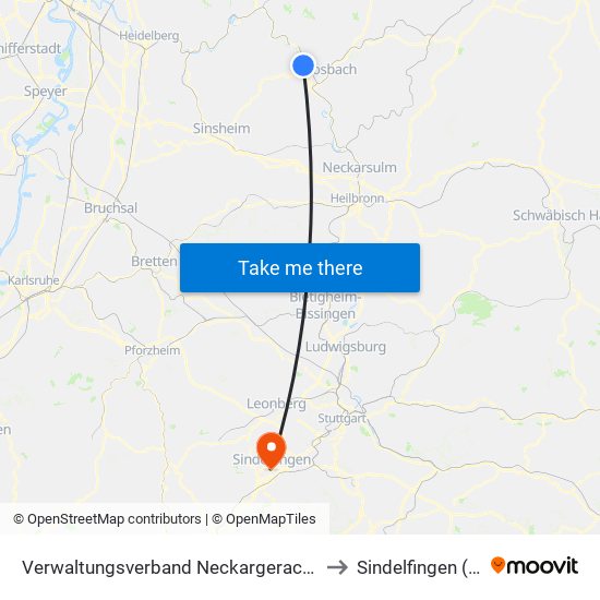 Verwaltungsverband Neckargerach-Waldbrunn to Sindelfingen (Stadt) map