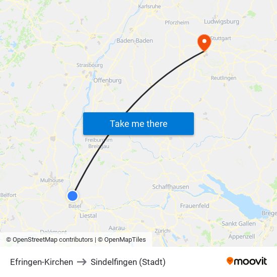 Efringen-Kirchen to Sindelfingen (Stadt) map