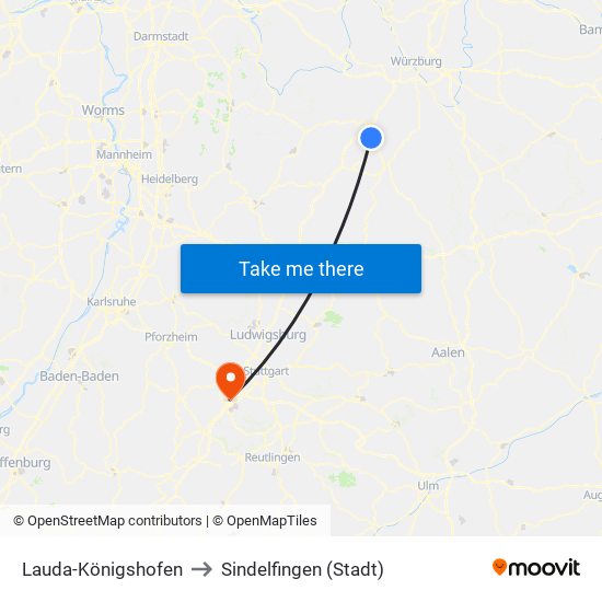 Lauda-Königshofen to Sindelfingen (Stadt) map