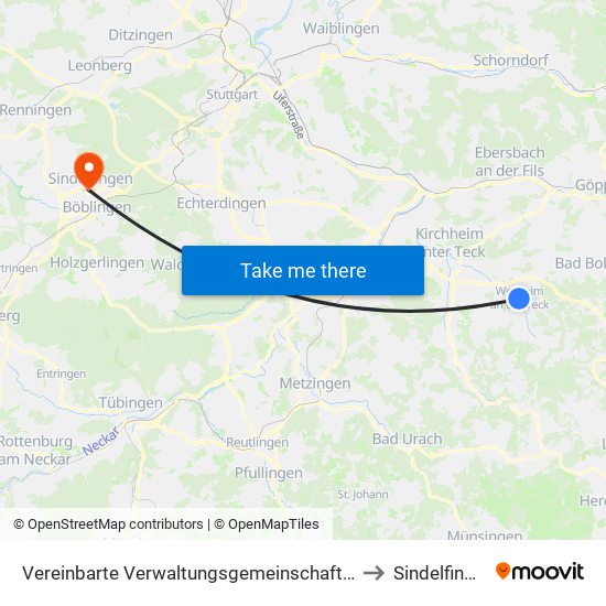 Vereinbarte Verwaltungsgemeinschaft Der Stadt Weilheim An Der Teck to Sindelfingen (Stadt) map