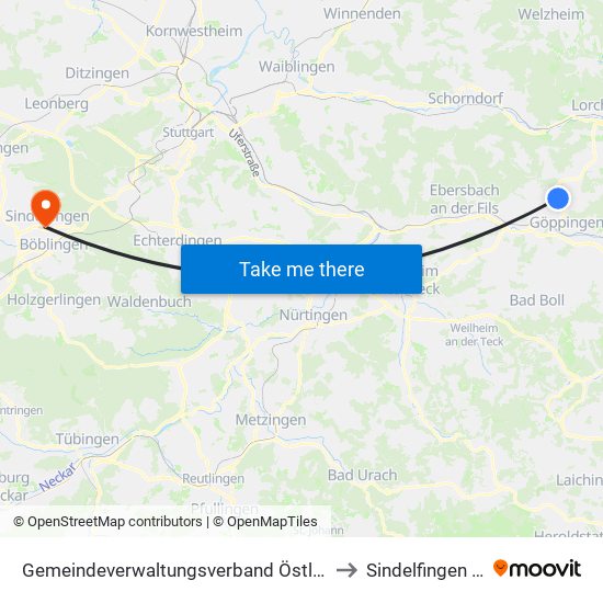 Gemeindeverwaltungsverband Östlicher Schurwald to Sindelfingen (Stadt) map