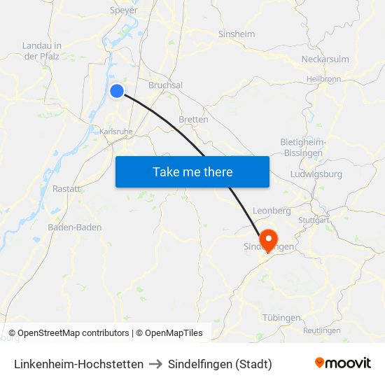 Linkenheim-Hochstetten to Sindelfingen (Stadt) map