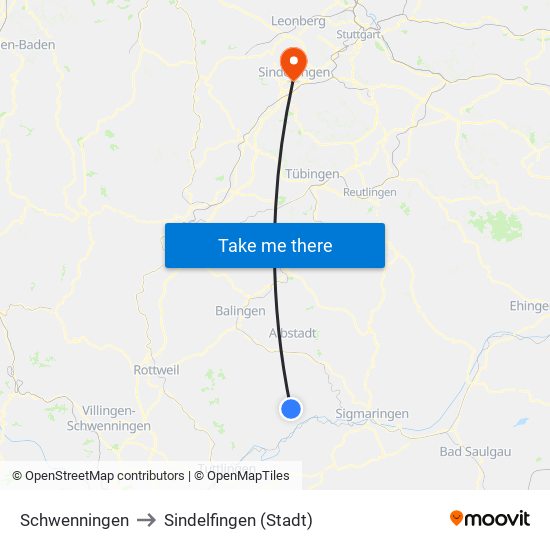 Schwenningen to Sindelfingen (Stadt) map