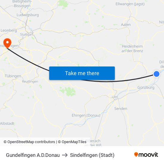 Gundelfingen A.D.Donau to Sindelfingen (Stadt) map