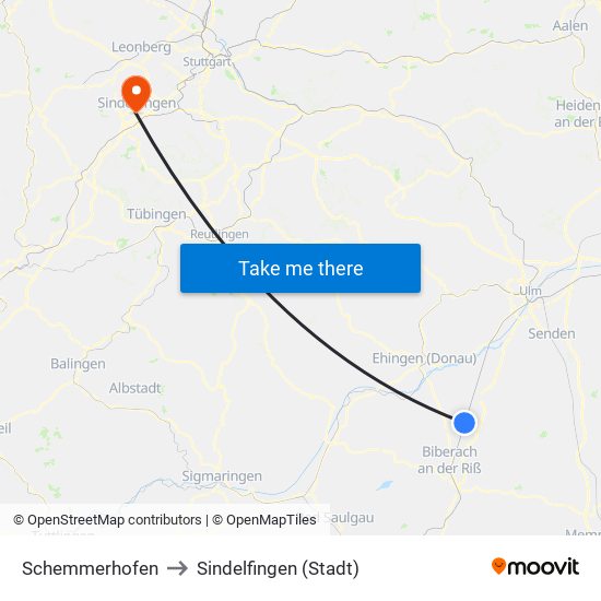 Schemmerhofen to Sindelfingen (Stadt) map