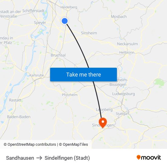 Sandhausen to Sindelfingen (Stadt) map