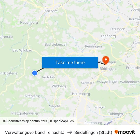 Verwaltungsverband Teinachtal to Sindelfingen (Stadt) map