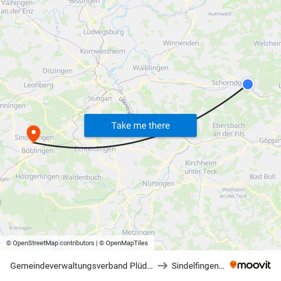 Gemeindeverwaltungsverband Plüderhausen-Urbach to Sindelfingen (Stadt) map