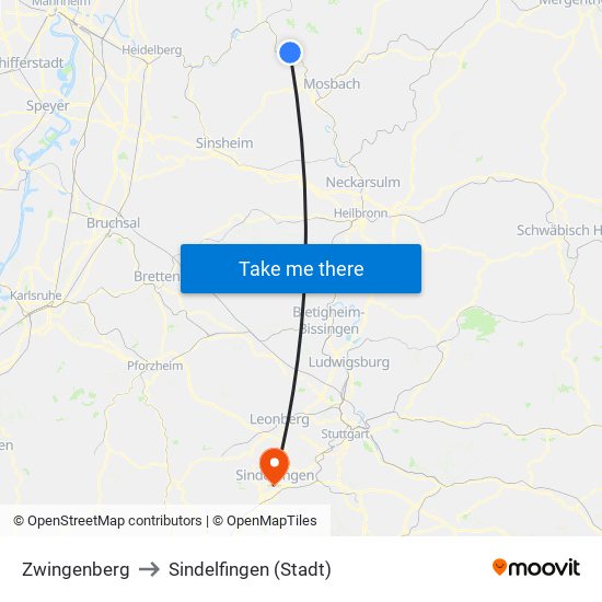 Zwingenberg to Sindelfingen (Stadt) map