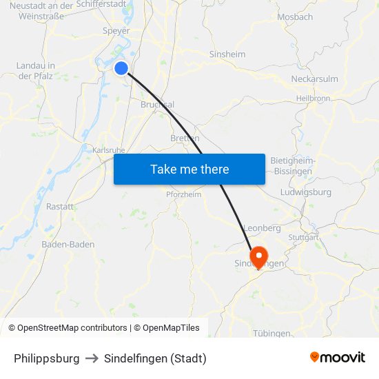 Philippsburg to Sindelfingen (Stadt) map