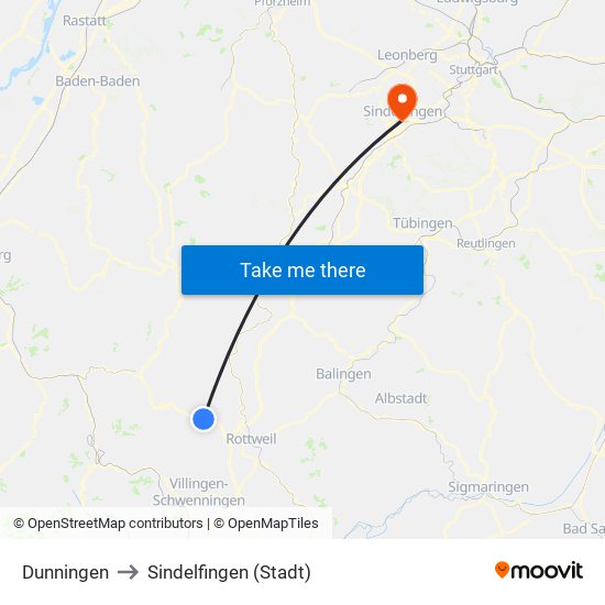 Dunningen to Sindelfingen (Stadt) map