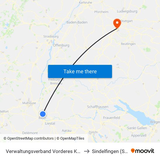 Verwaltungsverband Vorderes Kandertal to Sindelfingen (Stadt) map