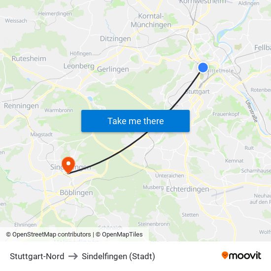 Stuttgart-Nord to Sindelfingen (Stadt) map