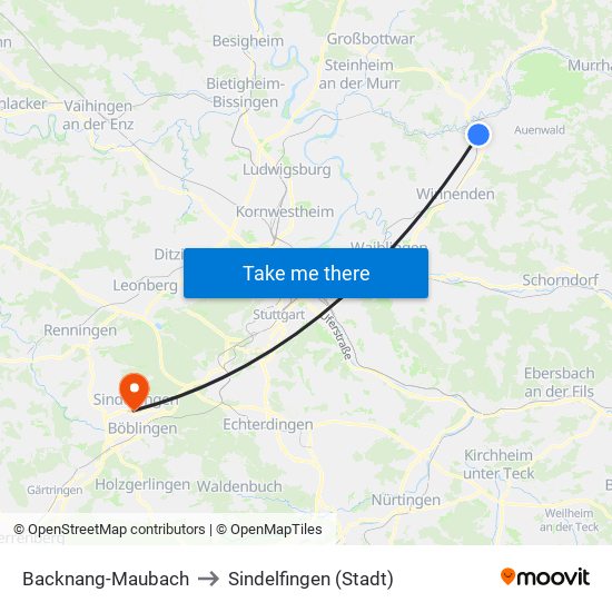 Backnang-Maubach to Sindelfingen (Stadt) map