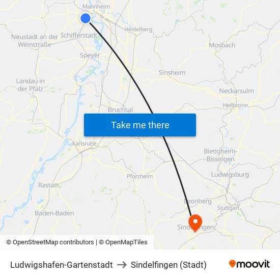 Ludwigshafen-Gartenstadt to Sindelfingen (Stadt) map