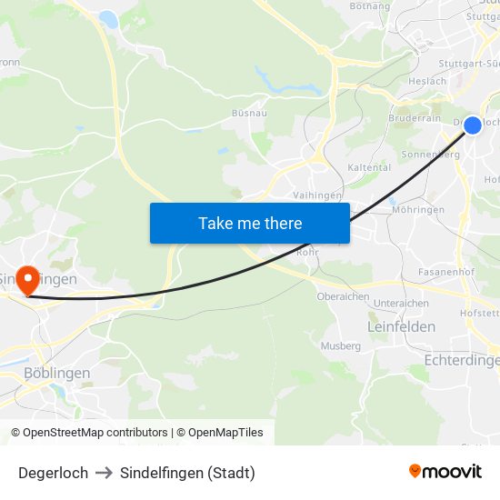 Degerloch to Sindelfingen (Stadt) map