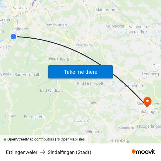 Ettlingenweier to Sindelfingen (Stadt) map