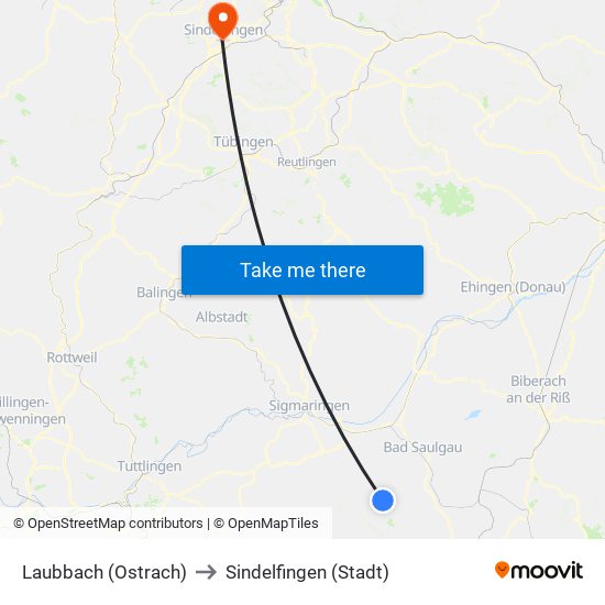 Laubbach (Ostrach) to Sindelfingen (Stadt) map