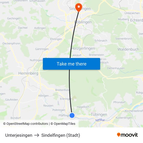 Unterjesingen to Sindelfingen (Stadt) map