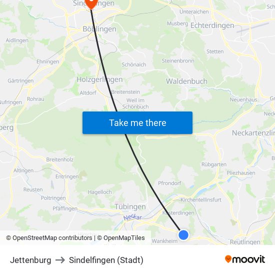 Jettenburg to Sindelfingen (Stadt) map