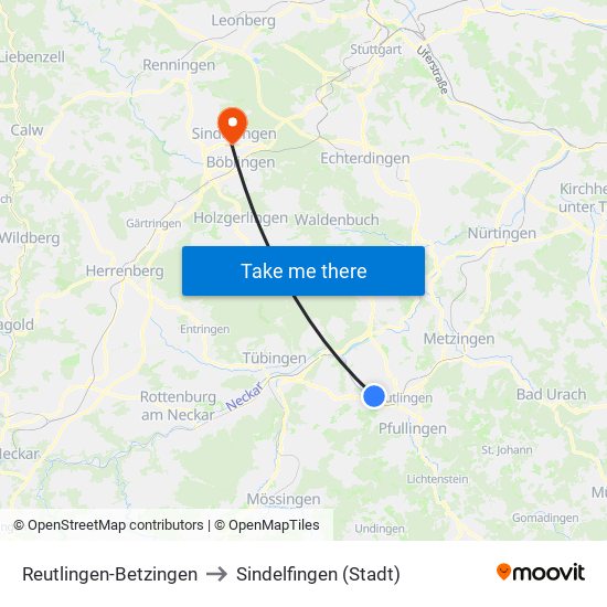 Reutlingen-Betzingen to Sindelfingen (Stadt) map