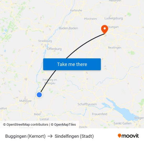 Buggingen (Kernort) to Sindelfingen (Stadt) map