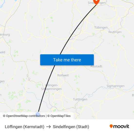 Löffingen (Kernstadt) to Sindelfingen (Stadt) map