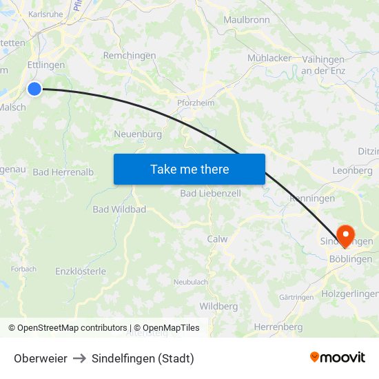 Oberweier to Sindelfingen (Stadt) map