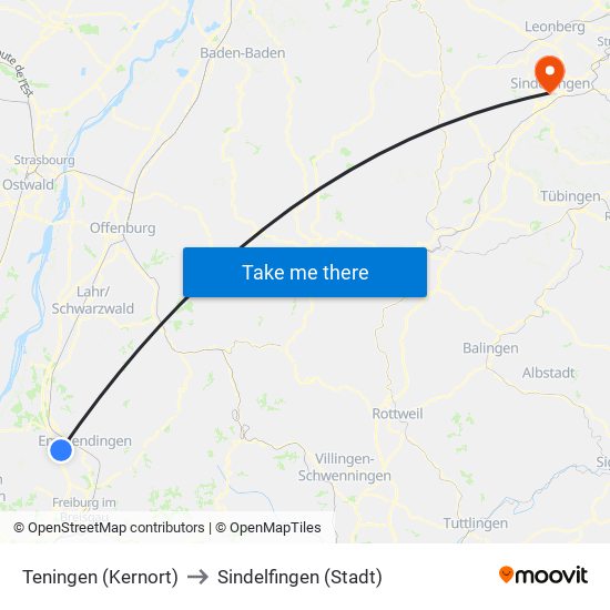 Teningen (Kernort) to Sindelfingen (Stadt) map